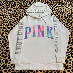 Victoria’s Secret PINK White Watercolor Holographic Sequined Bling Hoodie - XS